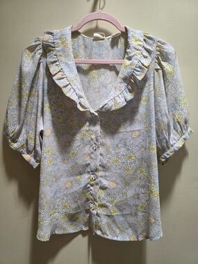 Levi's Women Yellow And Light Blue Floral Ruffle Collar Blouse Size L
